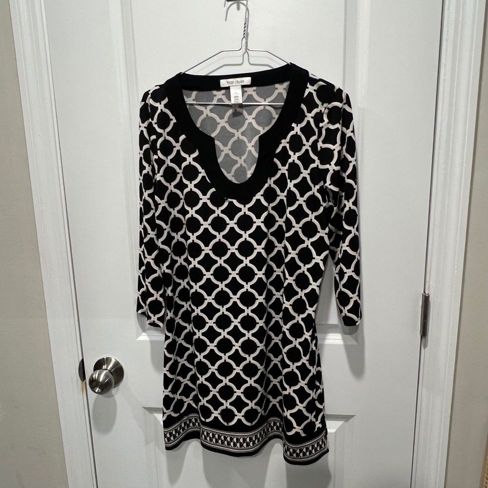 White House Black Market Womens Tunic Geometric Link Print Black Large